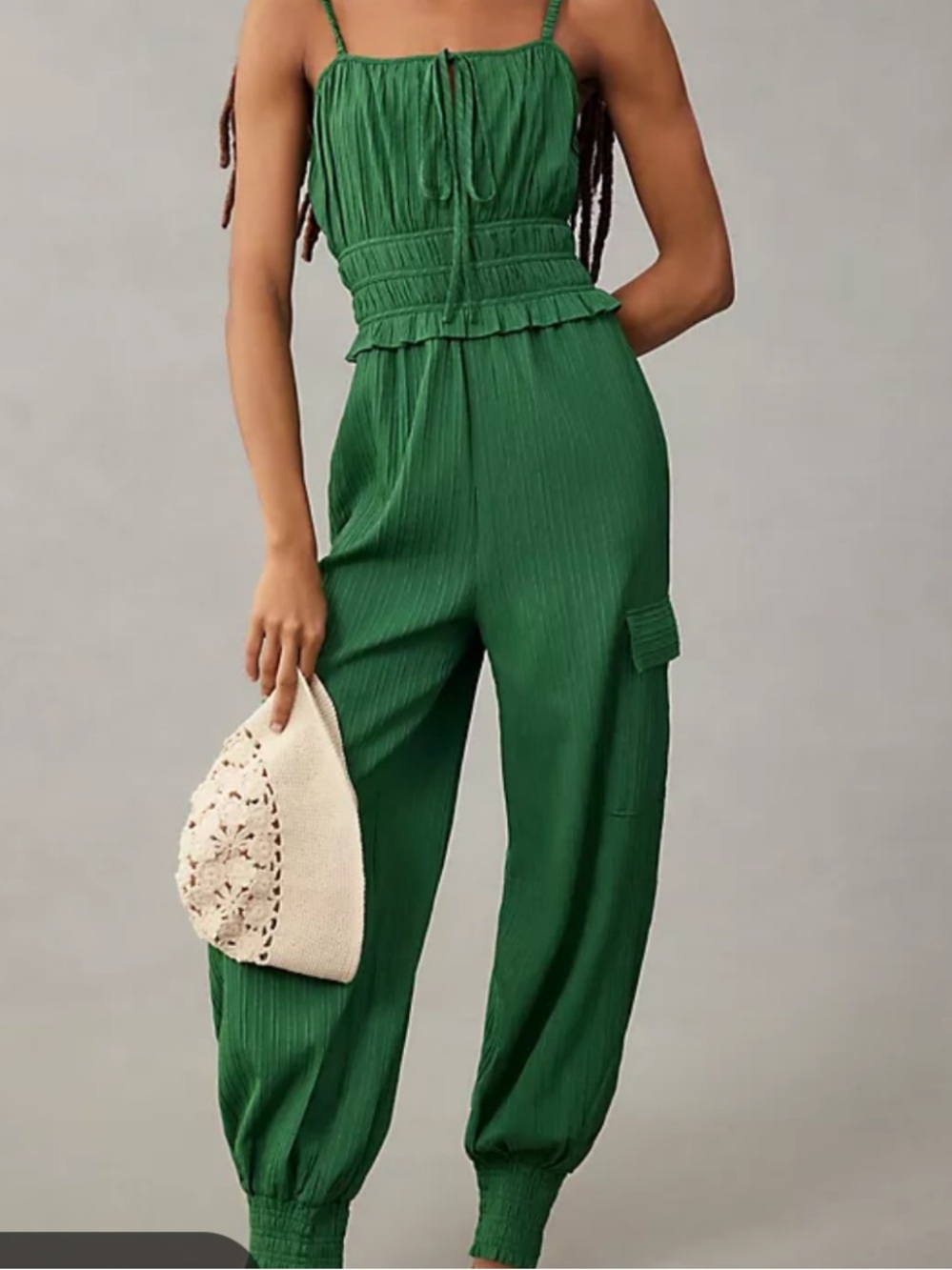 Anthropologie En Saison Rider Smocked Jumpsuit Green Size M